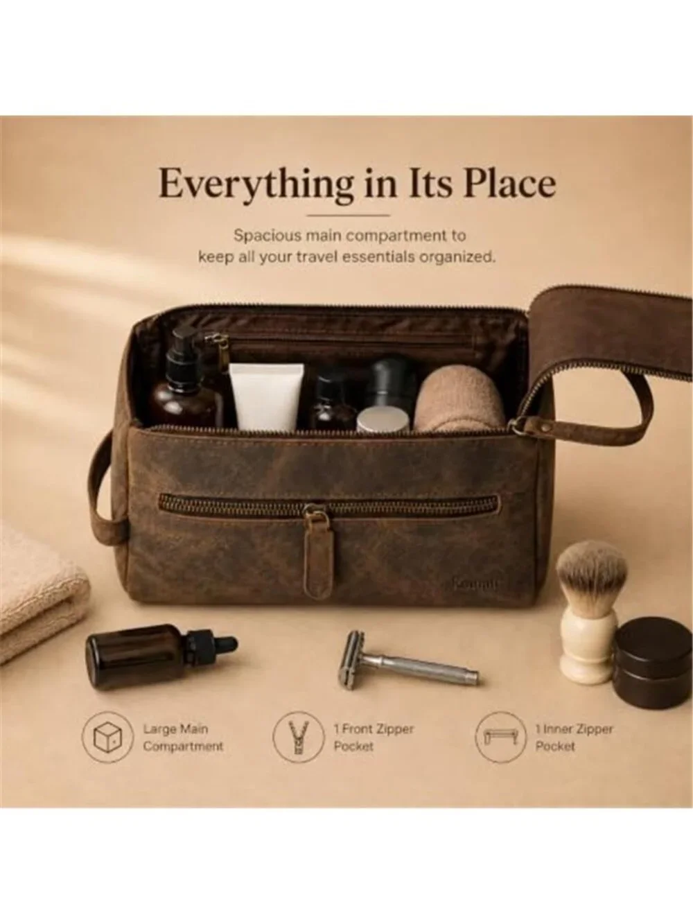 Full Grain Buffalo Leather Toiletry Bag Travel Dopp Kit Shaving Grooming Case